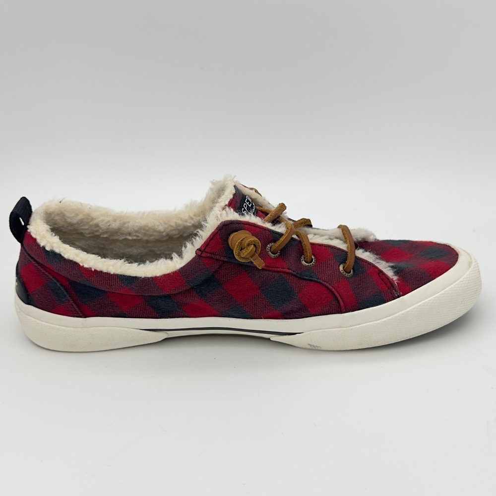 Sperry Red Black Plaid Check Shearling Lined Sneakers W‎ 9.5 Camp Cottage Forest - Picture 6 of 10